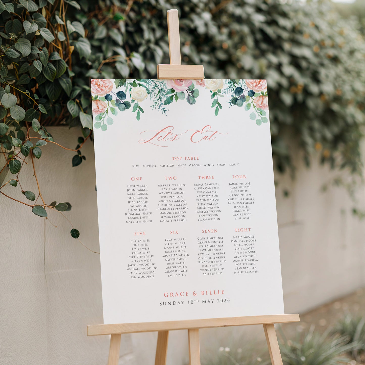 Wedding table plan with rose and eucalyptus watercolour detail