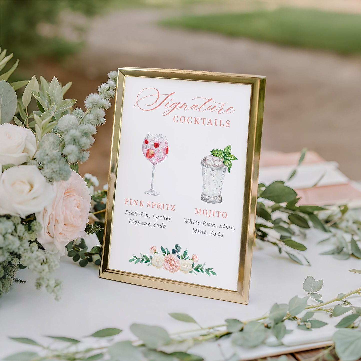 Wedding signature cocktail sign with watercolour illustration and rose florals