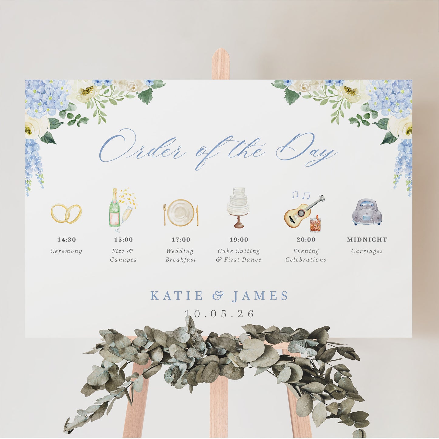 Wedding order of the day sign with custom illustrations and blue hydrangea florals