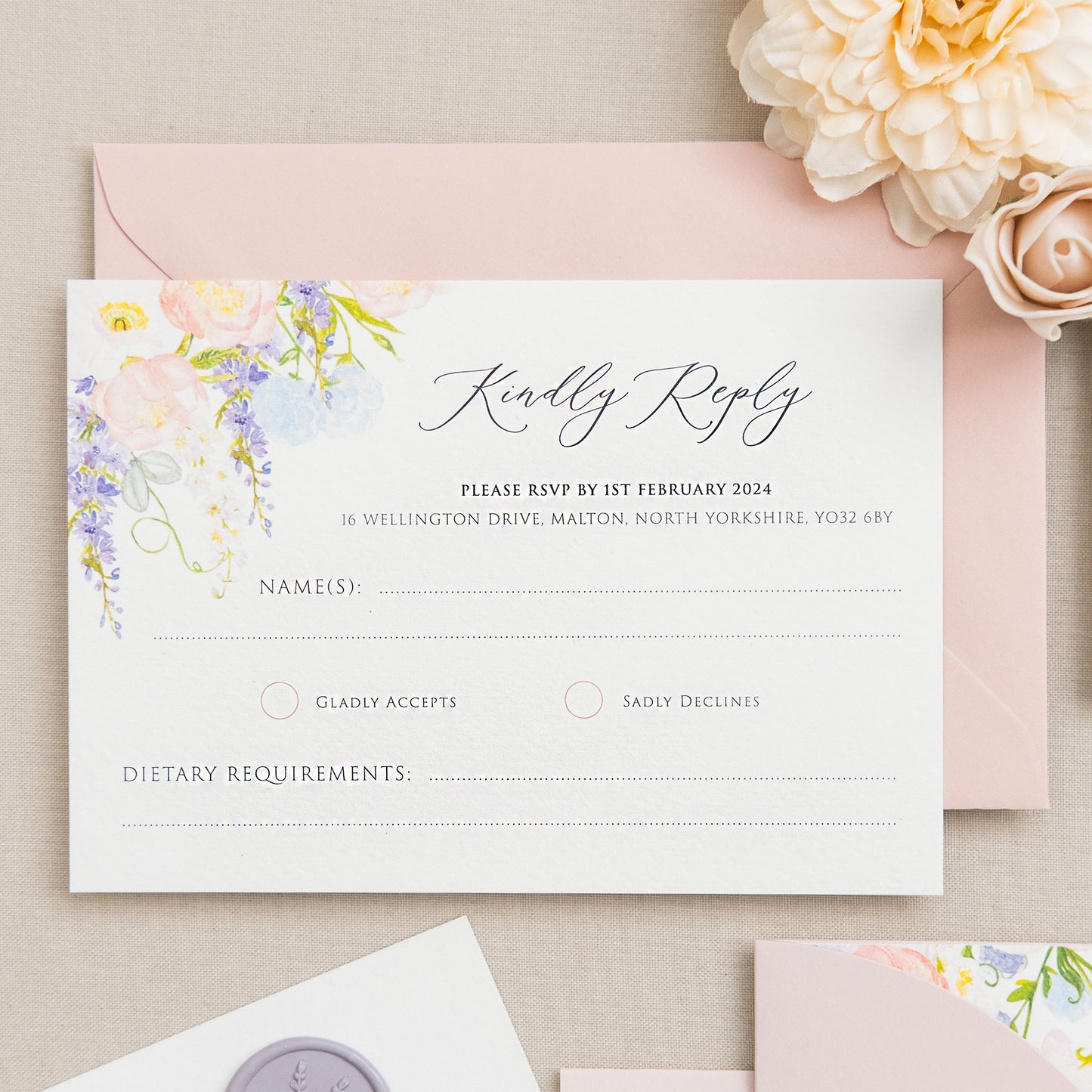 Wedding invitation and SVP card with wildflower illustrations and wisteria in pink and lilac