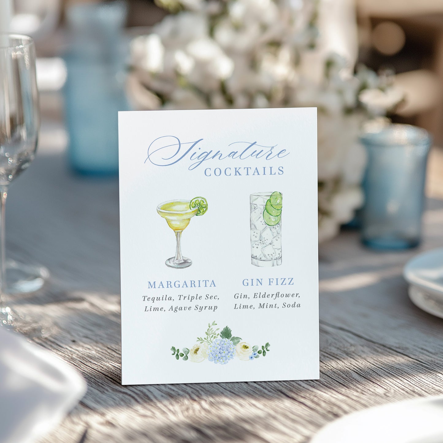 Wedding signature cocktail menu sign with blue hydrangea watercolour details