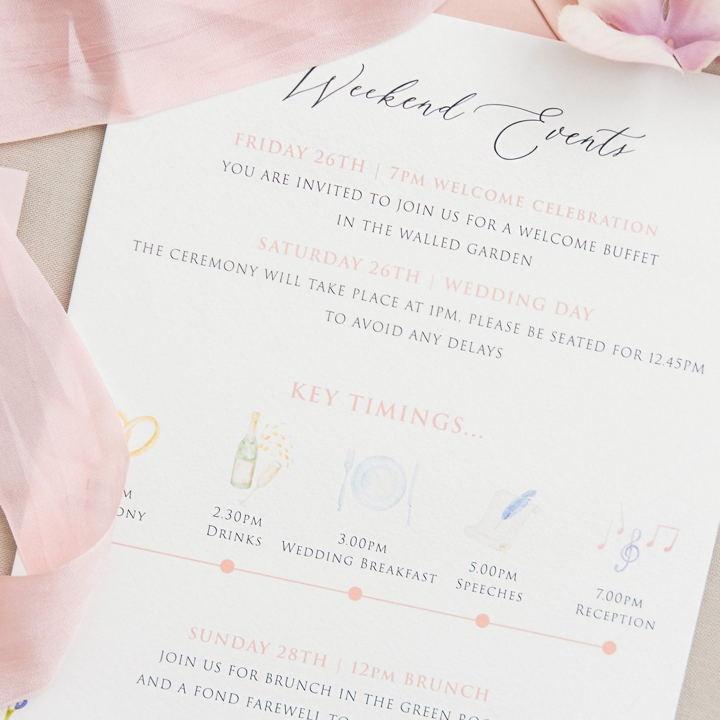 Semi custom wildflower wedding invitations with wedding details order of the day