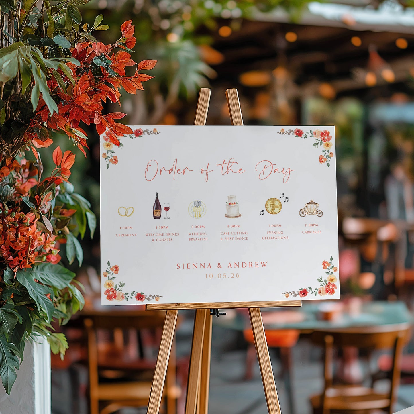 Wedding order of the day sign with custom illustrations and autumnal floral details