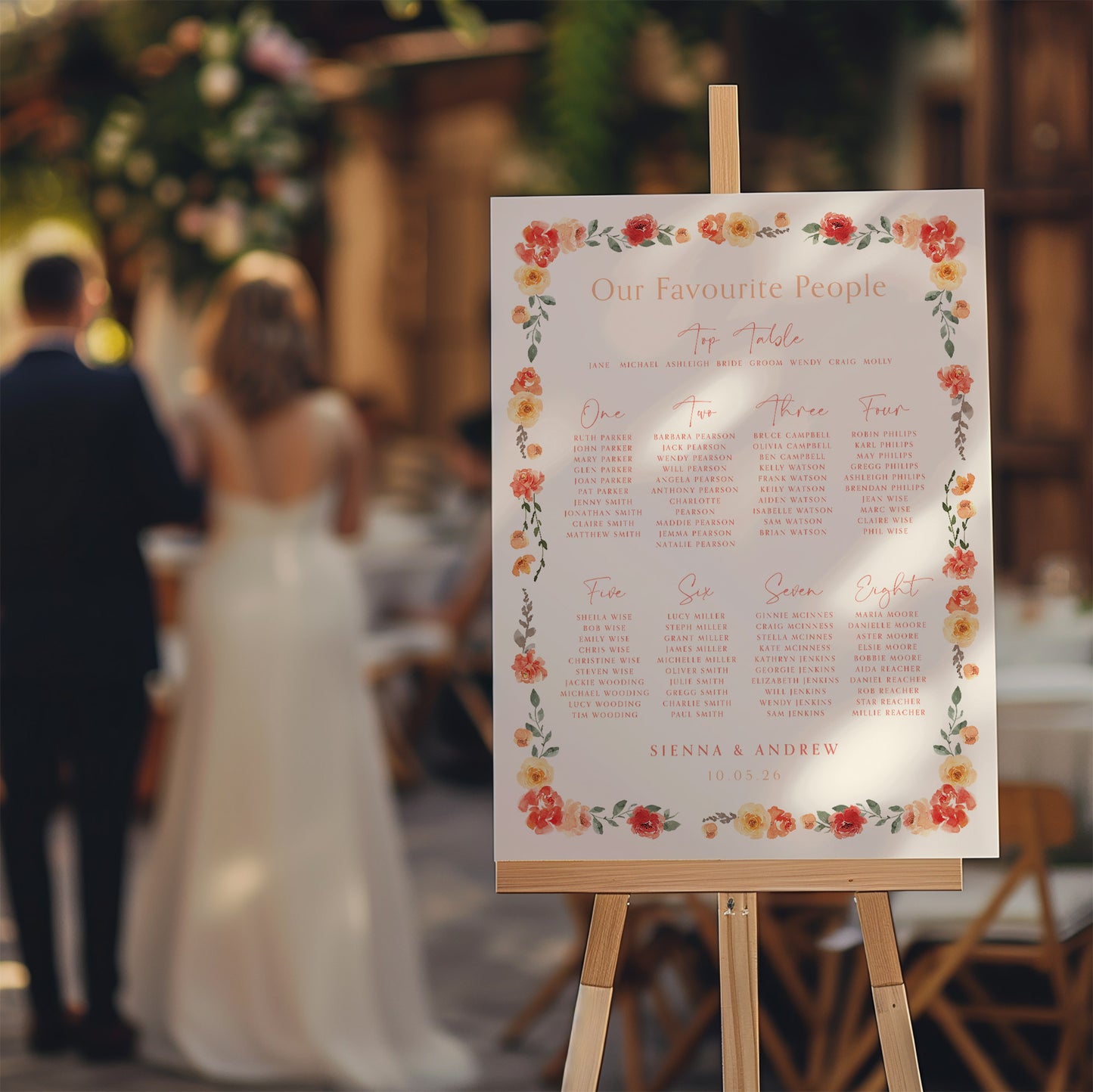 Wedding table plan with watercolour floral border in autumnal colours