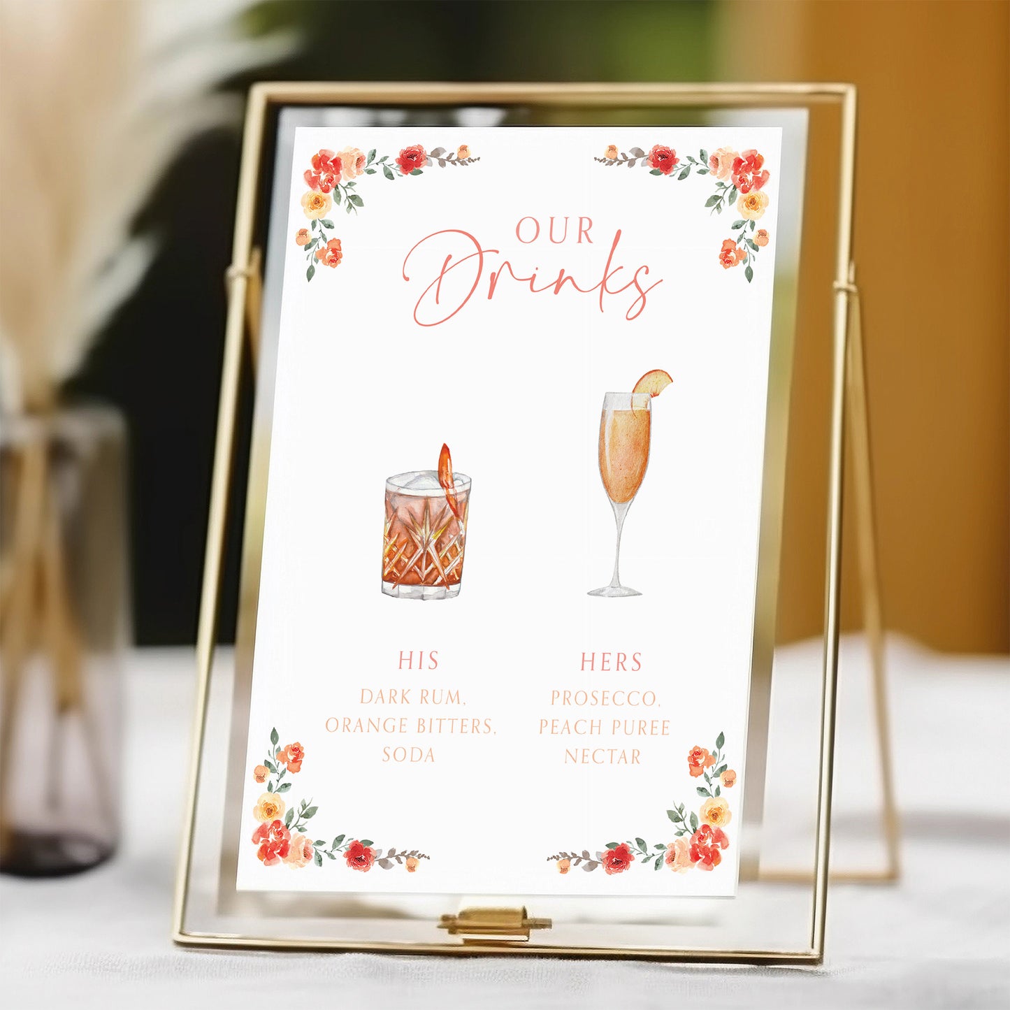 Signature wedding cocktail menu sign with autumnal watercolour florals in orange and peach