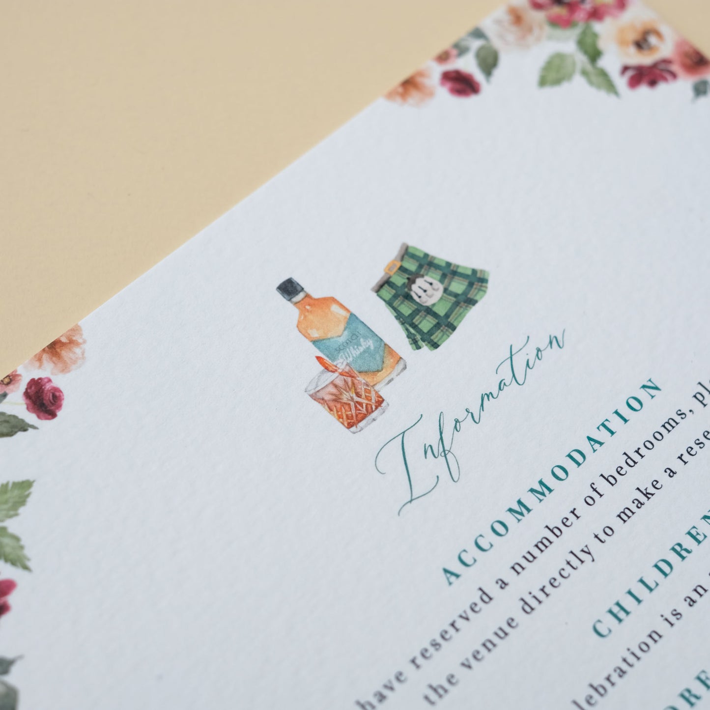 Square guest information card with burgundy florals in Achnagairn Castle watercolour wedding invitation set