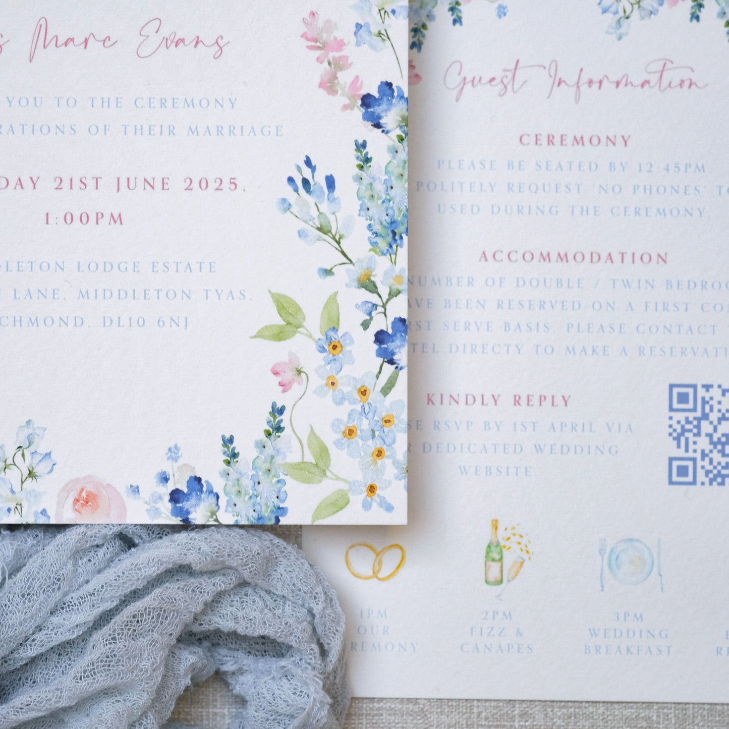 semi-custom blue floral wedding invitations, blue wildflower watercolour-style design with QR code