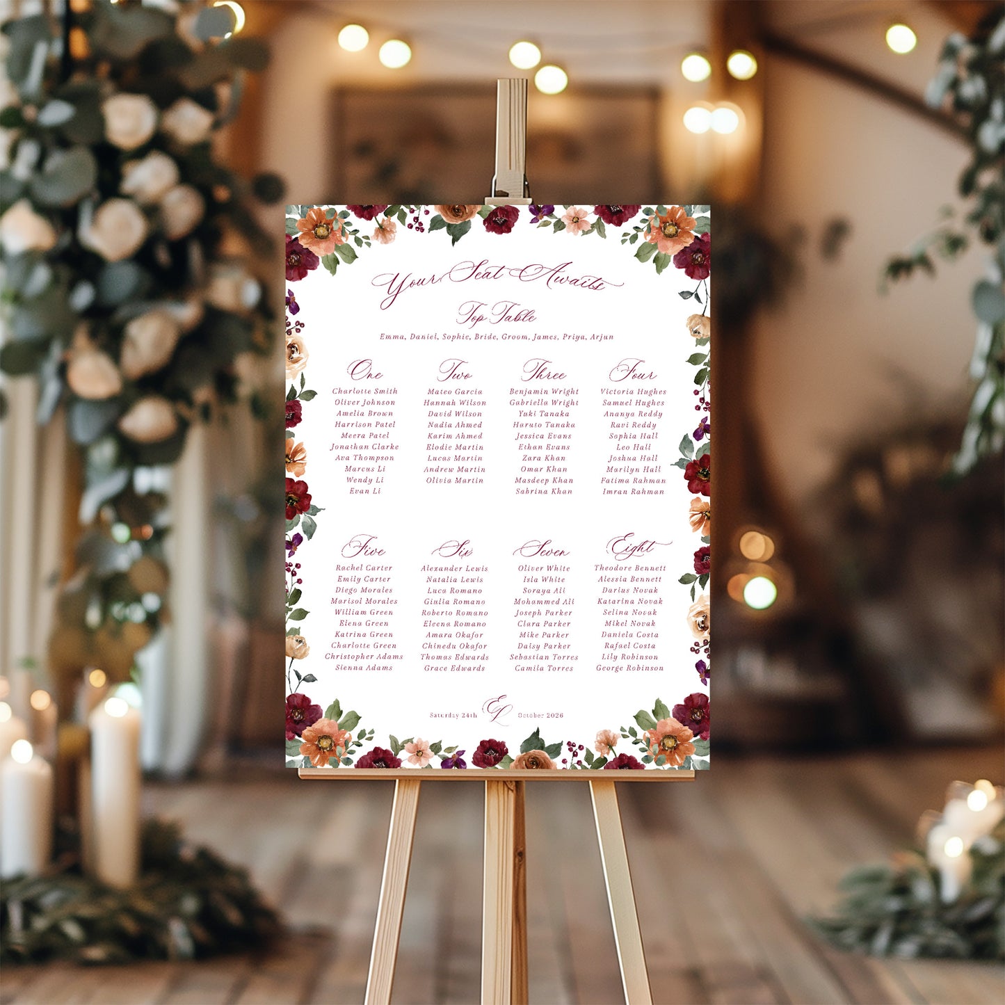 floral wedding table plan burgundy orange flowers