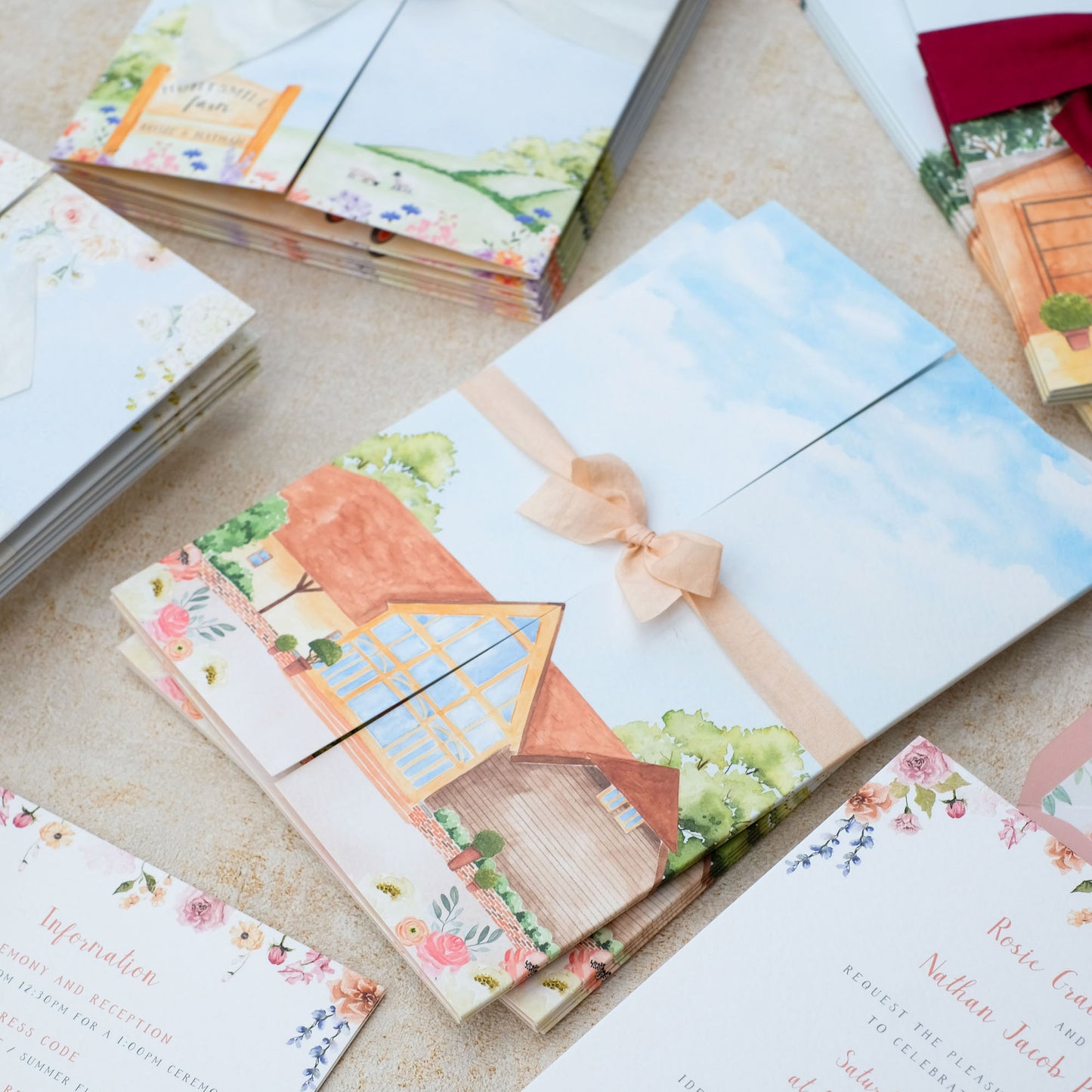 Custom barn wedding invitations with hand painted watercolour illustrations