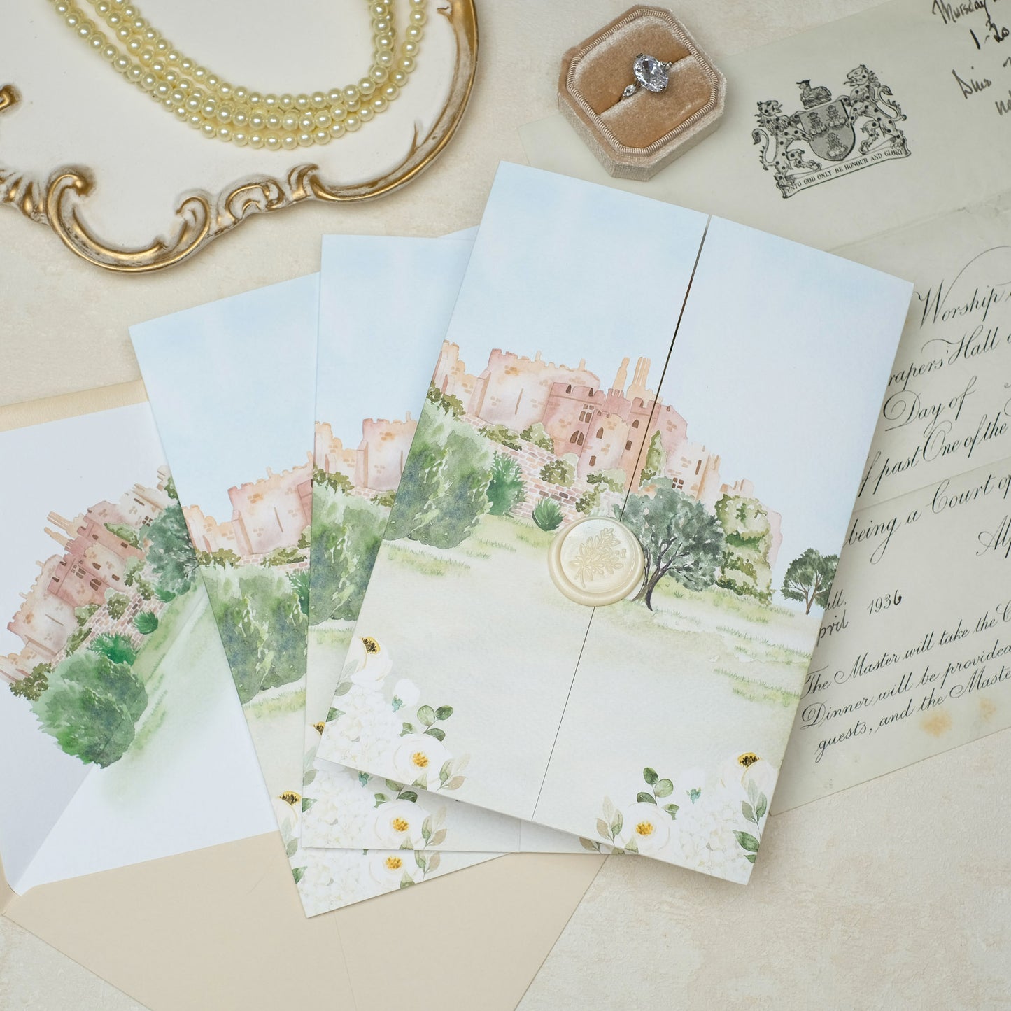 Wax Seal Watercolour Castle Invitation