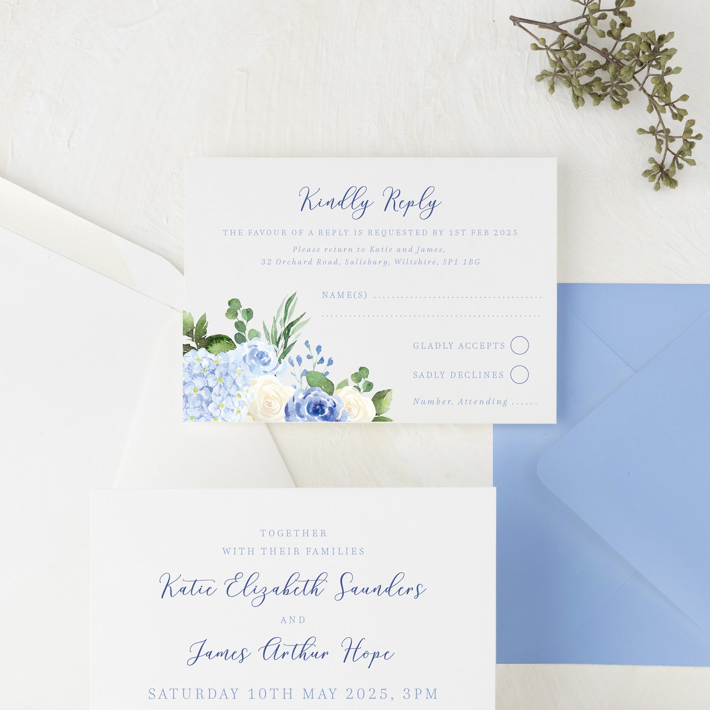 dusty blue hydrangea wedding stationery set with custom venue illustration