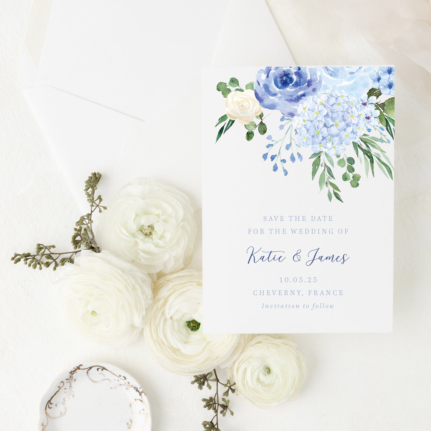 wedding save the date card with blue hydrangea watercolour illustration