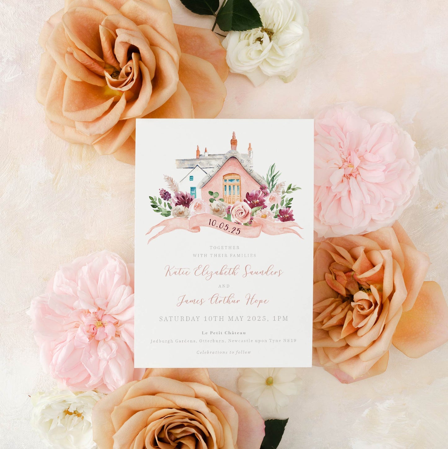 blush pink wedding invitation with watercolour venue illustration