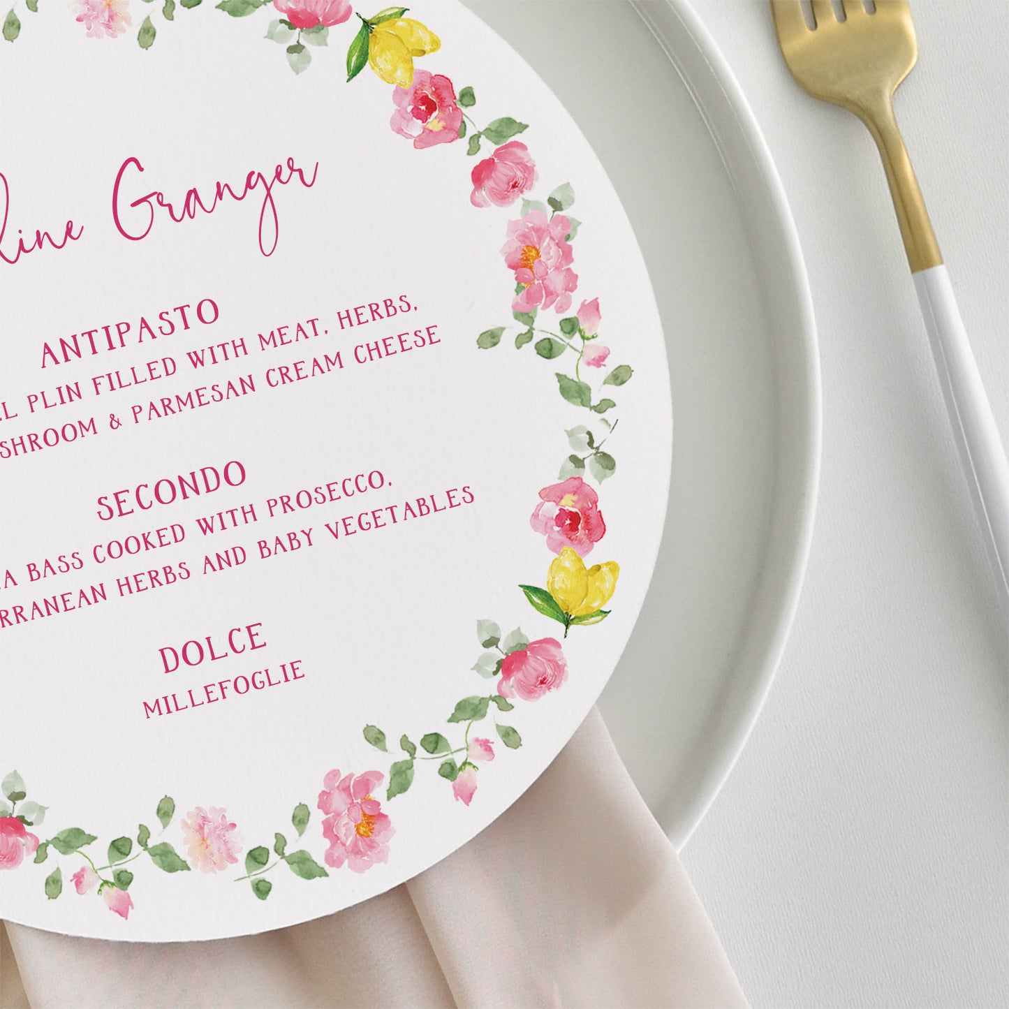Bright Floral Wedding Menu with Lemons