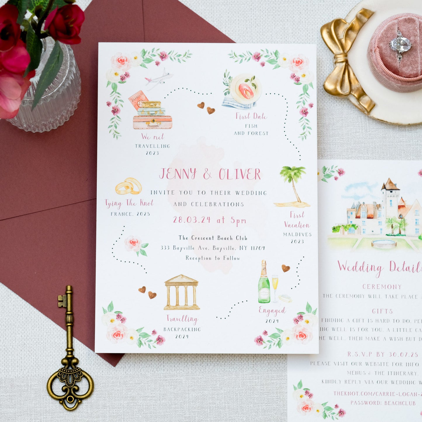 Wedding invitations with hand-painted, watercolour illustrations of your love story, flowers in burgundy and blush pink