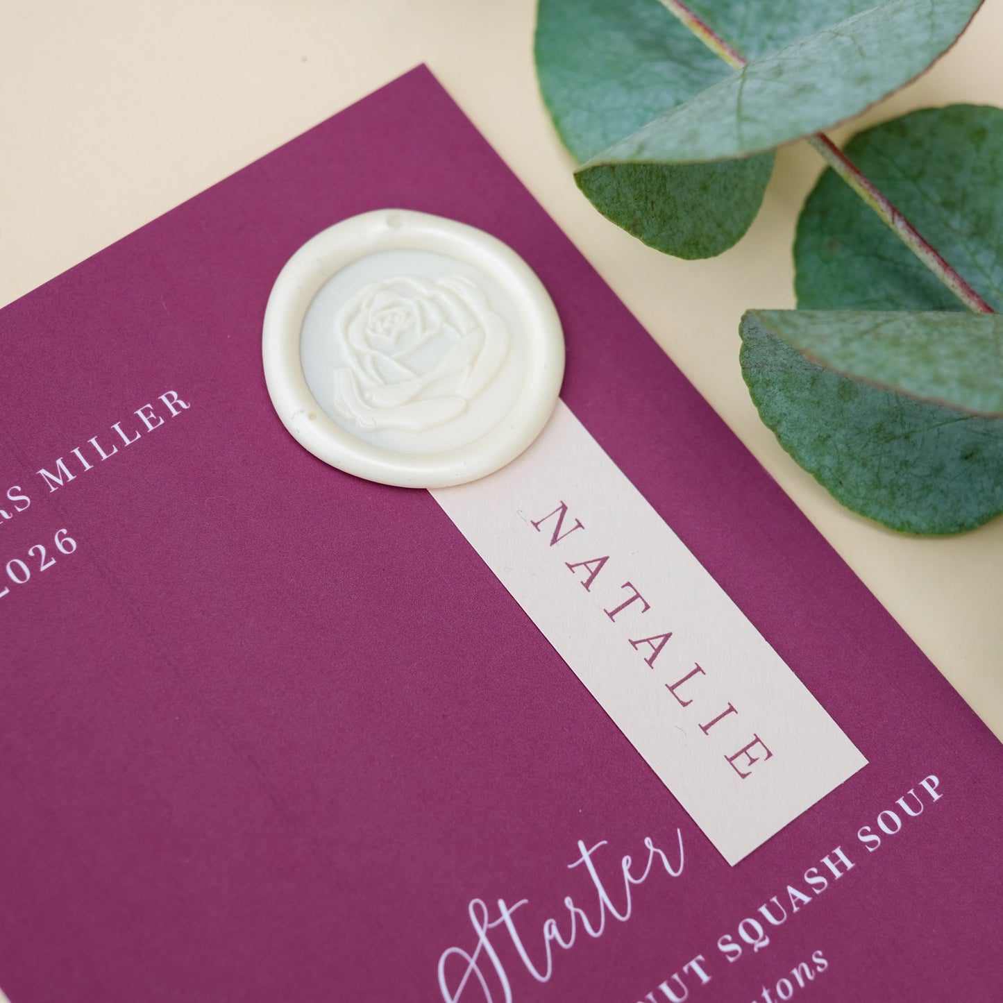 burgundy wedding menu personalised with guest name