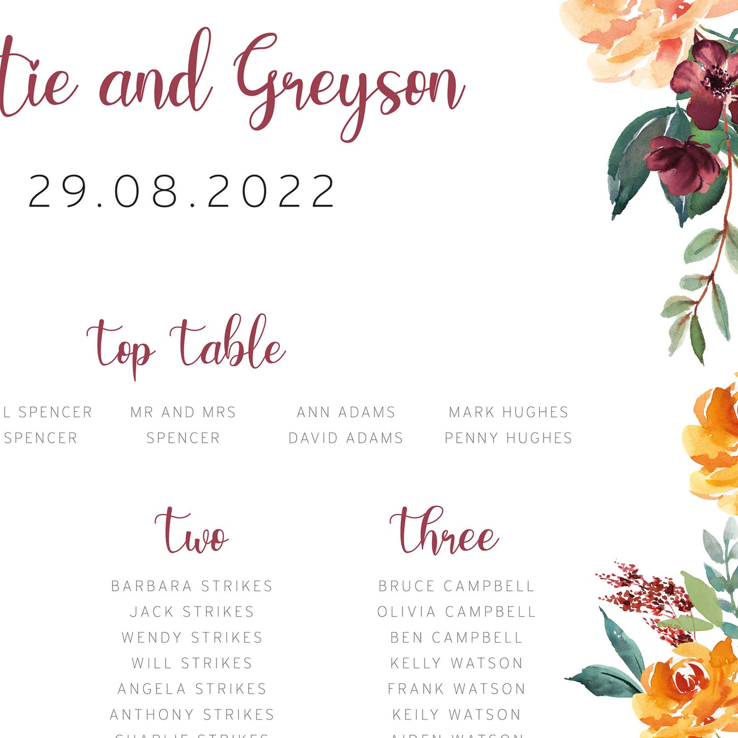 Burnt Orange Floral Table Plan