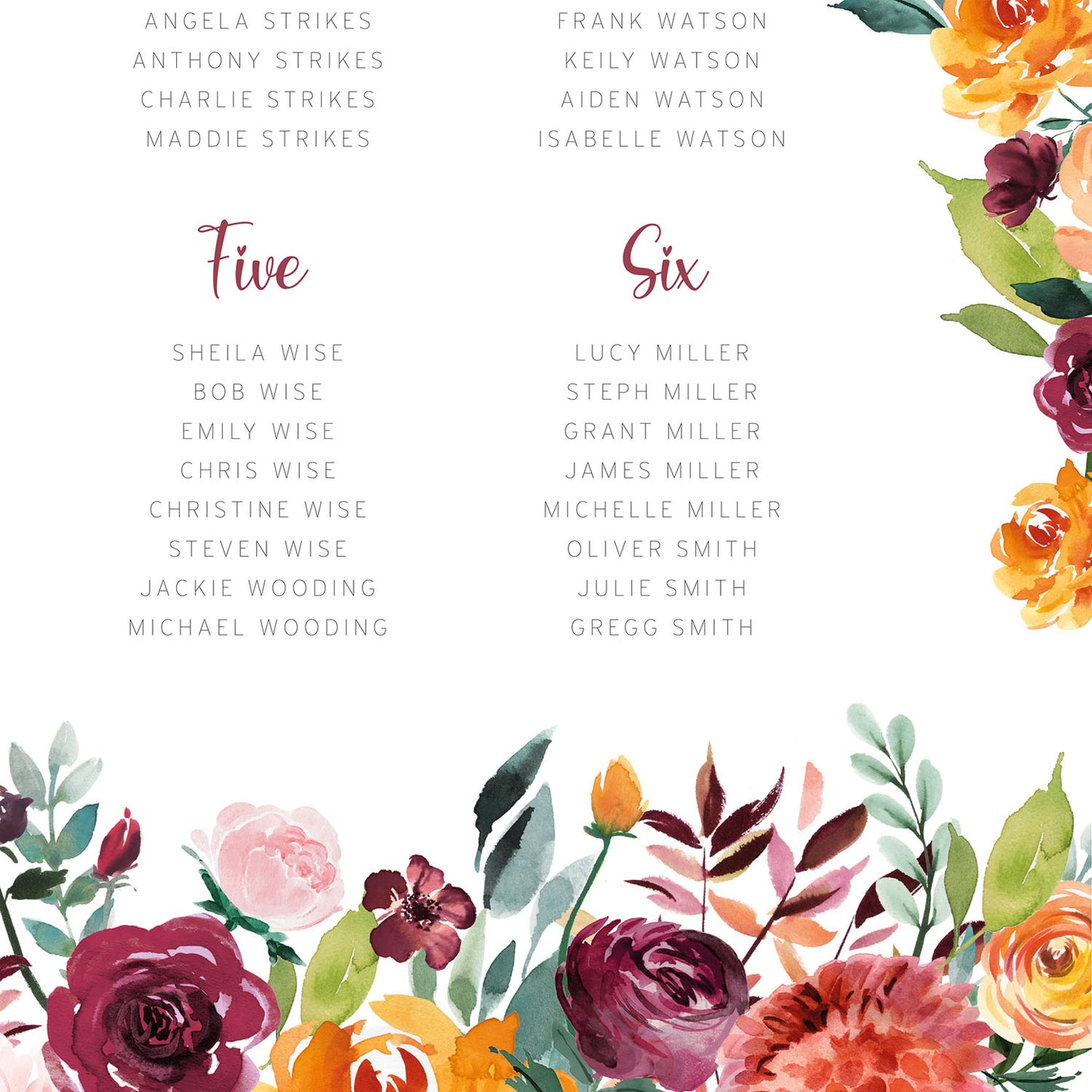 Burnt Orange Floral Table Plan
