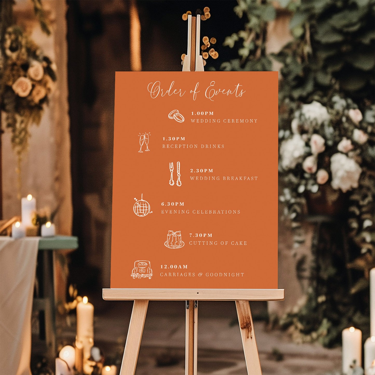 wedding order of events sign burnt orange