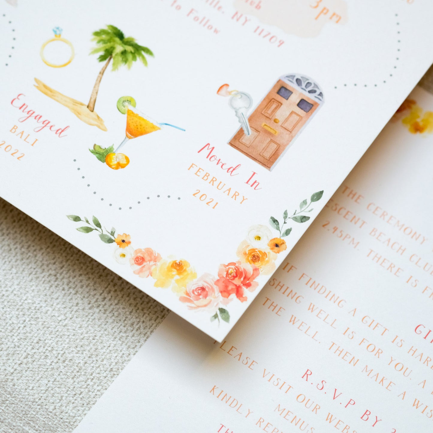 Unique bespoke wedding invitation with illustration of your relationship, how you met where you got engaged, hand painted