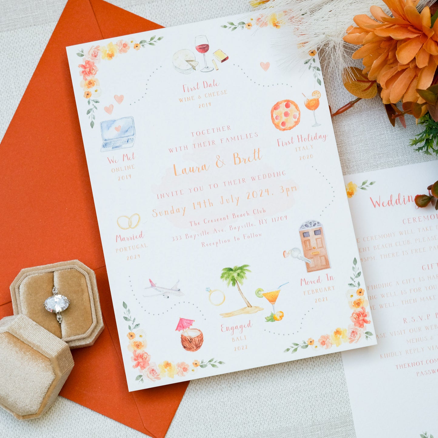 Wedding invitations with a custom illustrated timeline of your relationship, in orange and burnt orange shades with floral border