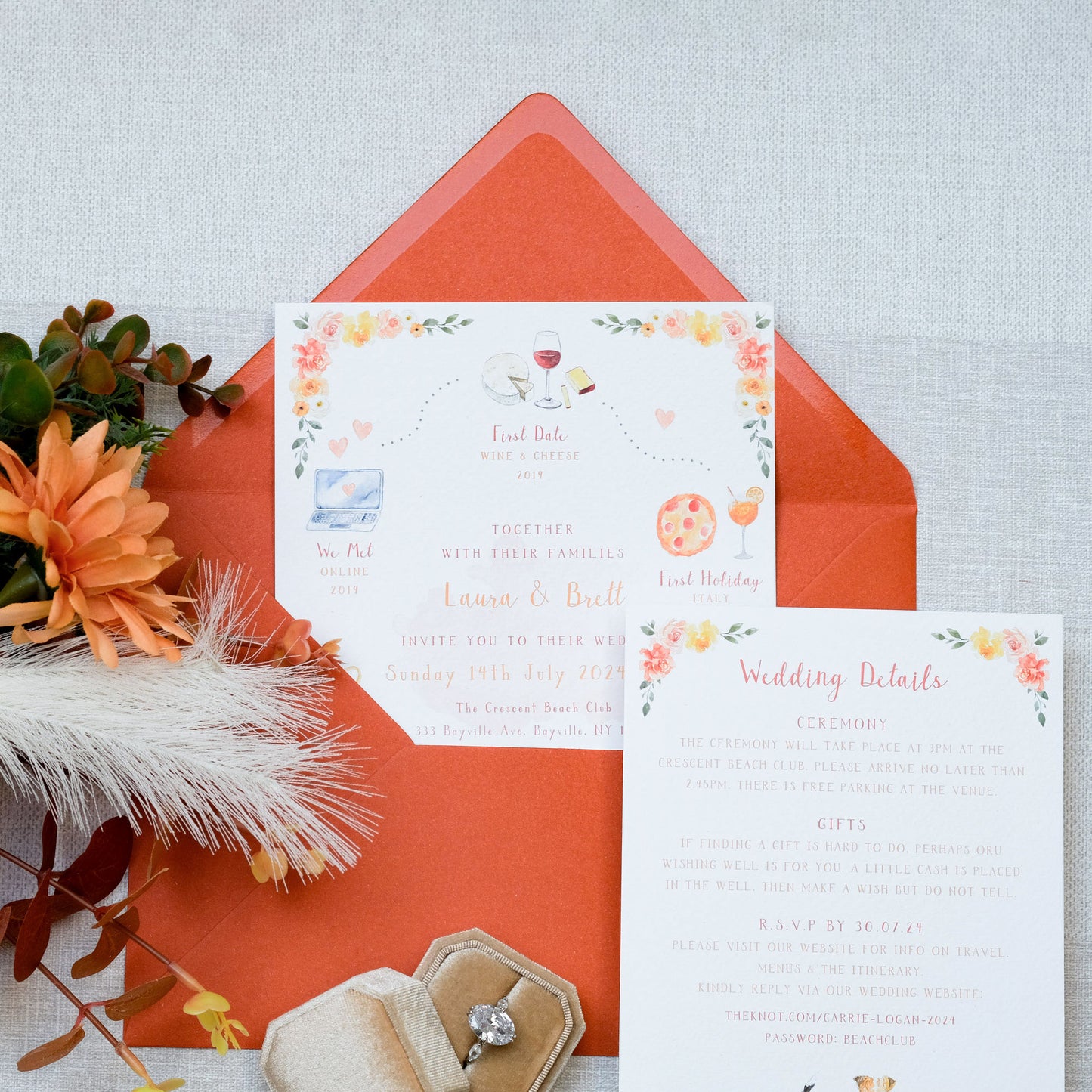 Wedding invitation and wedding details set with orange theme and orange envelope, bespoke custom illustration of your relationship milestones