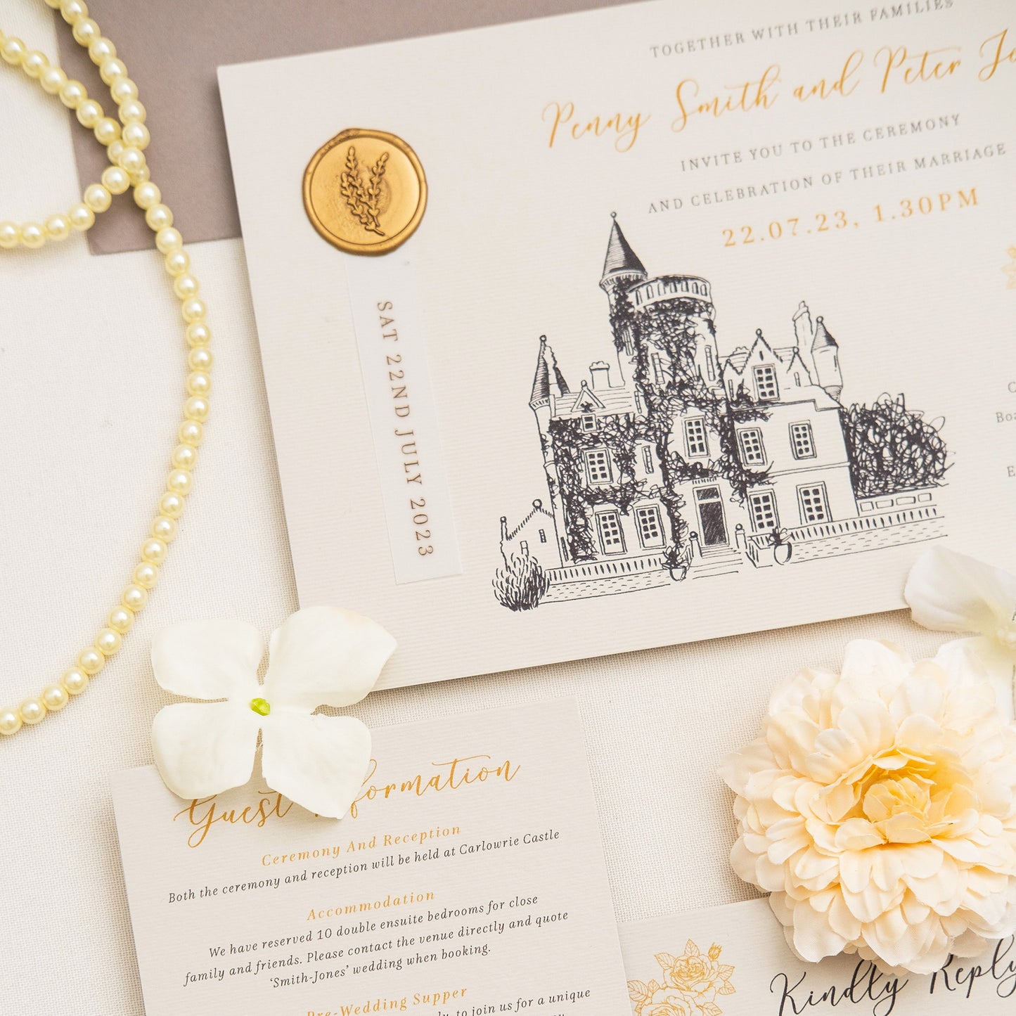Invitation With Gold Wax Seal And Venue lllustration