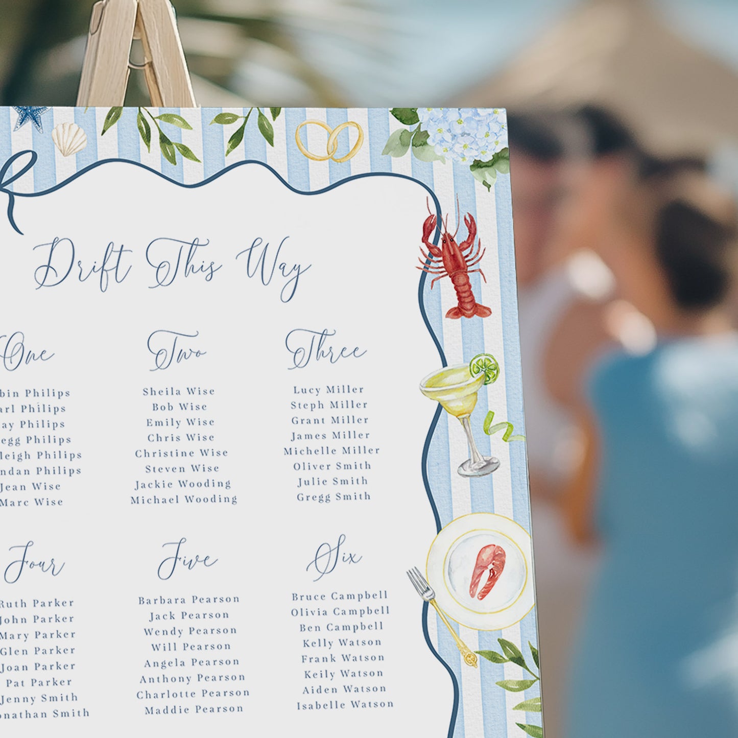 Wedding table plan with coastal theme blue and lobsters