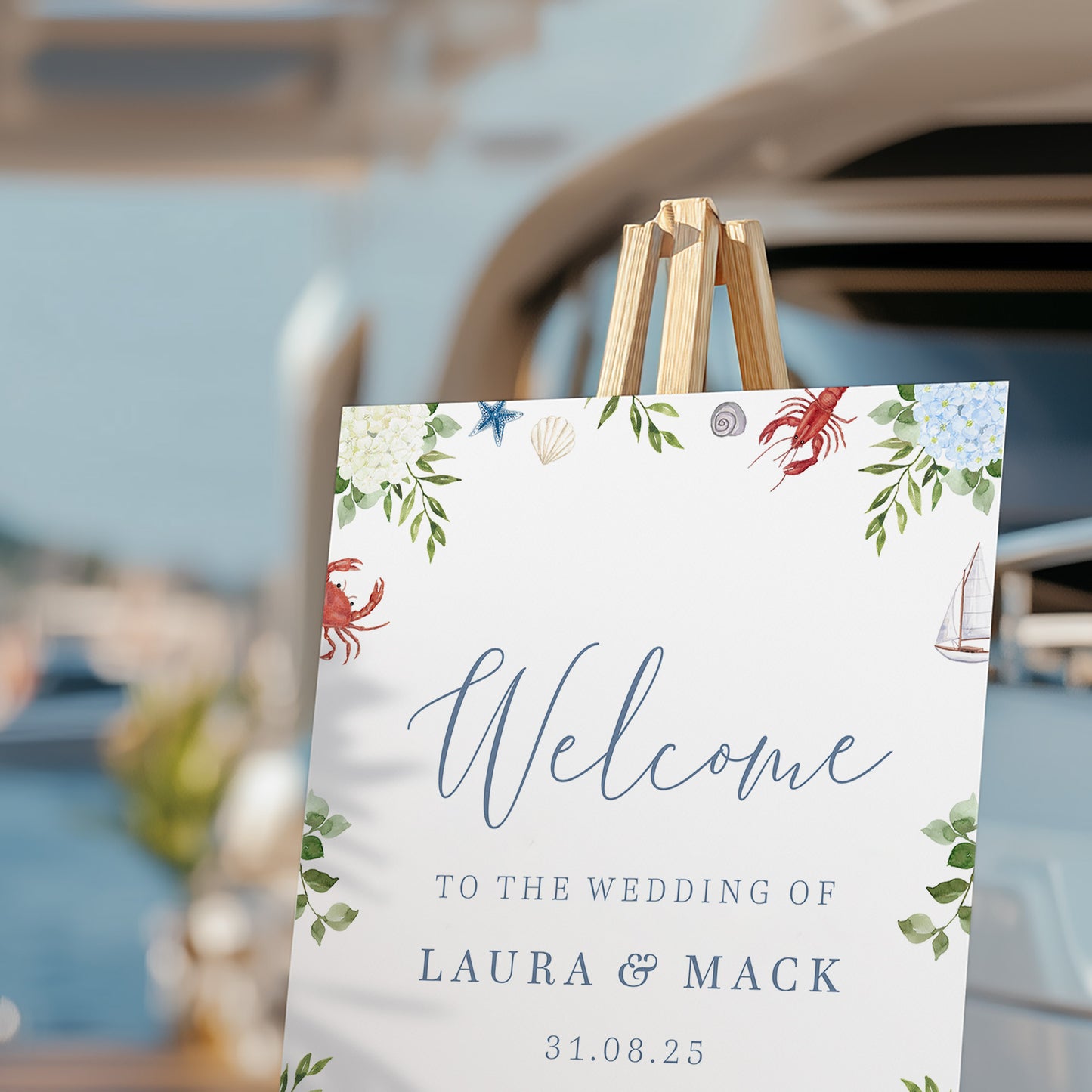 Coastal Wedding Sign Hydrangeas Lobsters