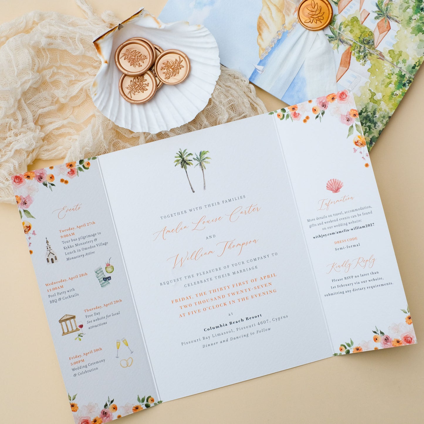 Folded wedding invitation for Cyprus destination wedding