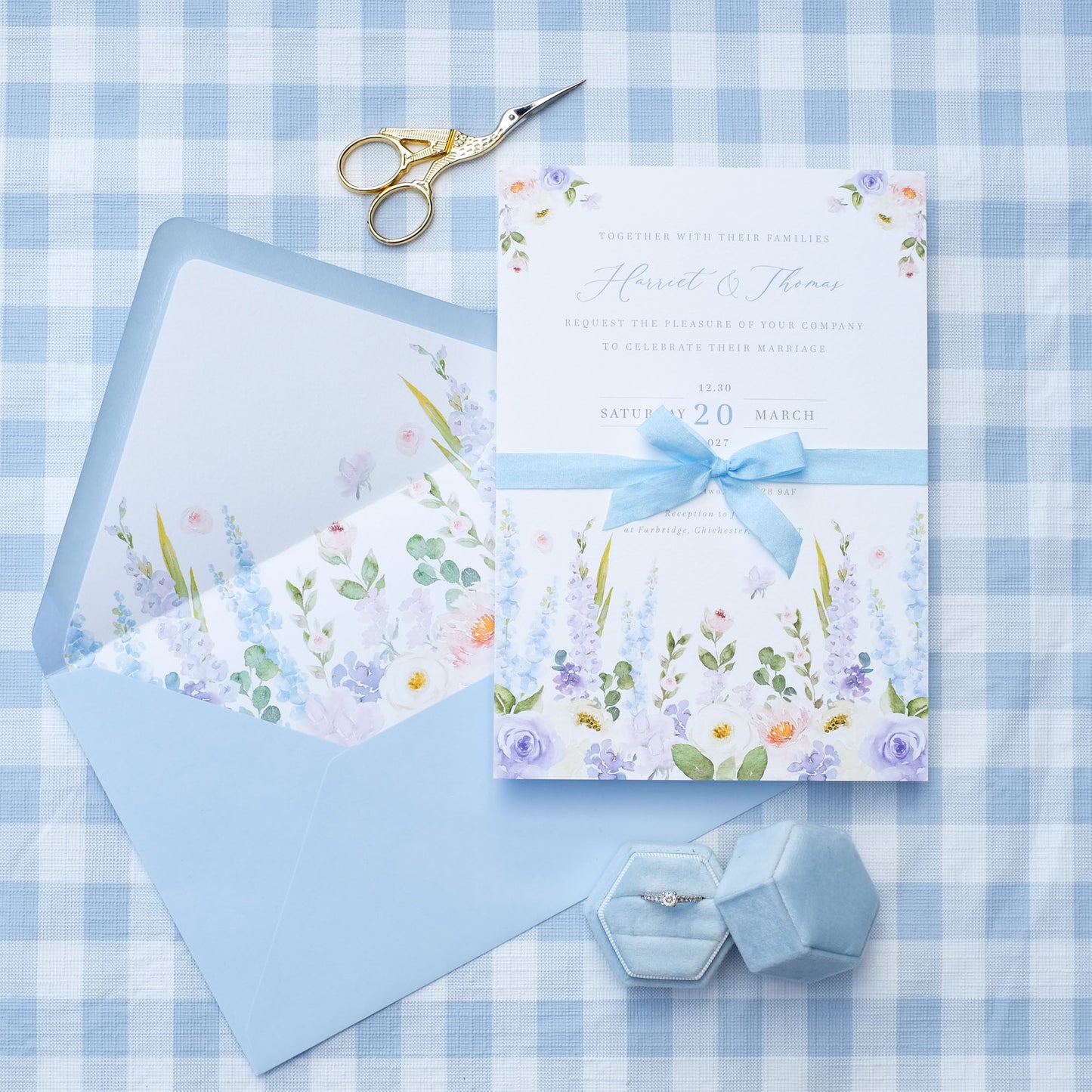 delphinium wedding invitations with ribbon