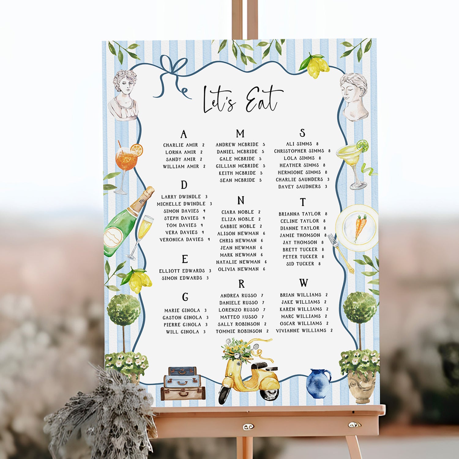 Illustrated table plan with watercolour border, for an Italian destination wedding