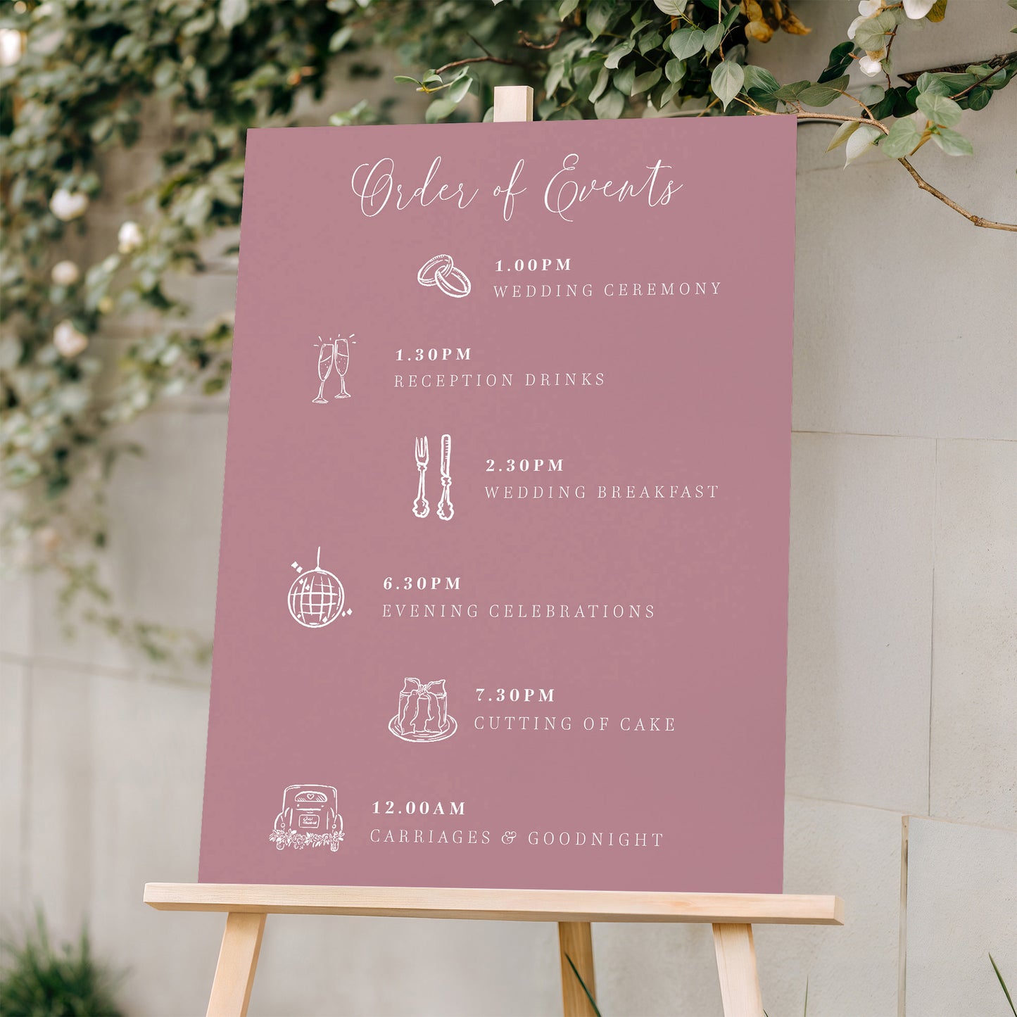 dusty rose wedding sign order of events