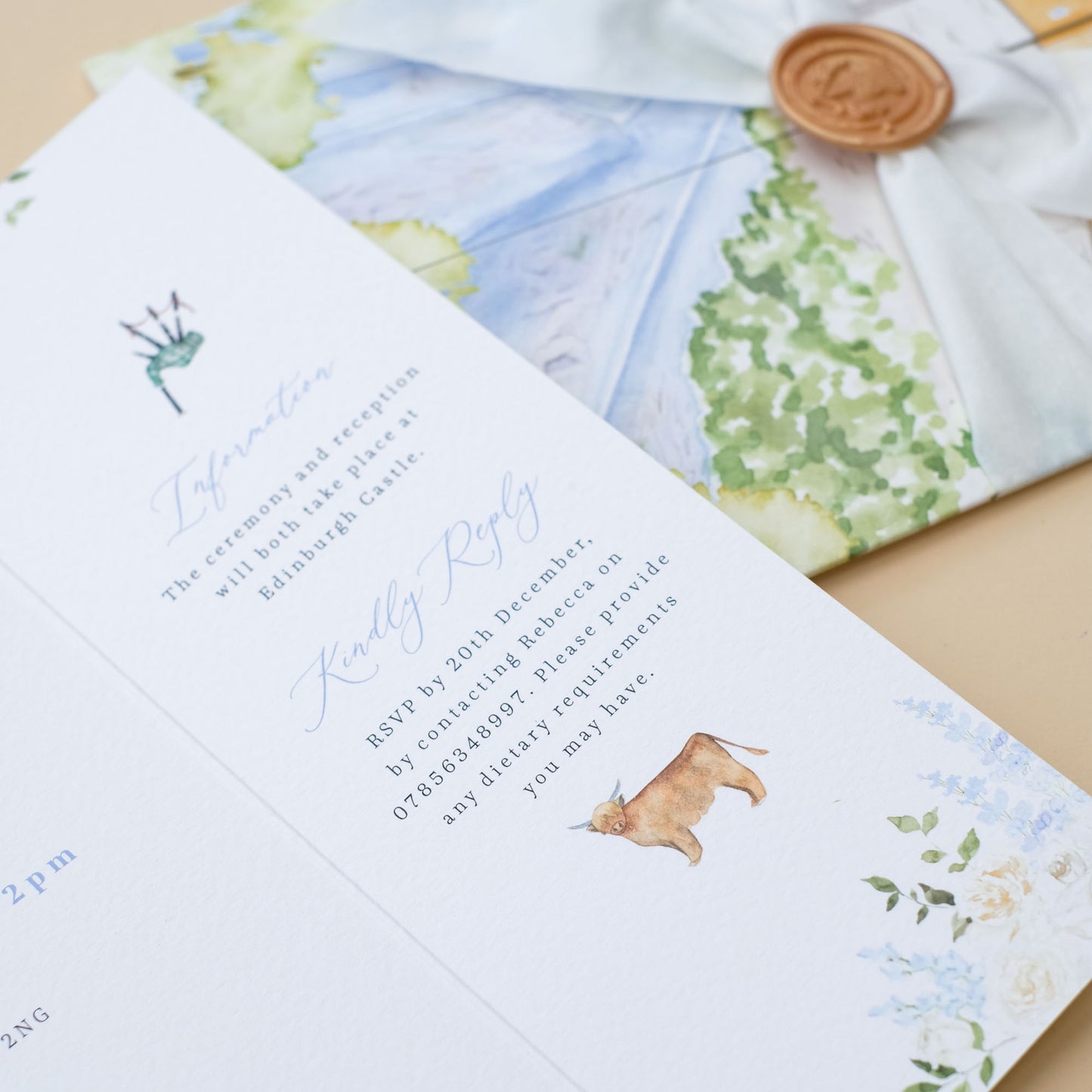 Scottish wedding invitation with Edinburgh Castle illustration, bagpipes and highland cow