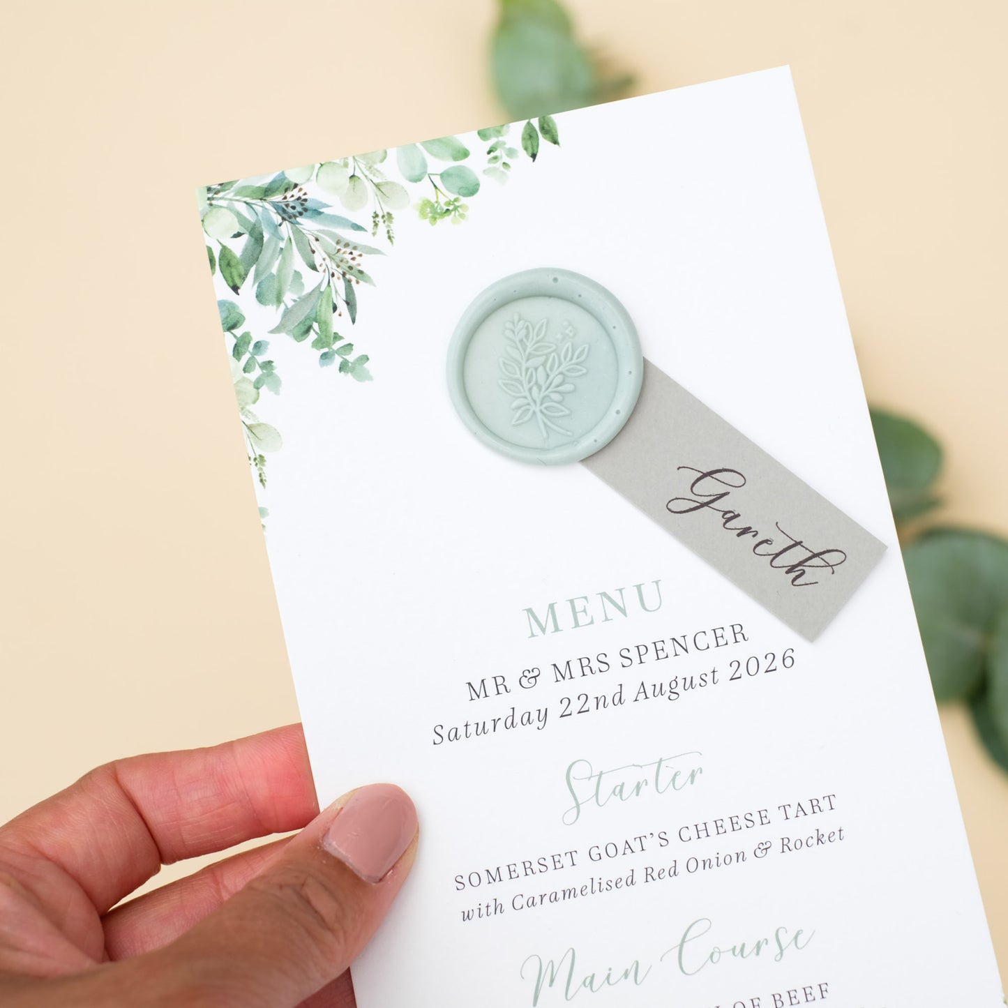 sage green foliage wedding menu