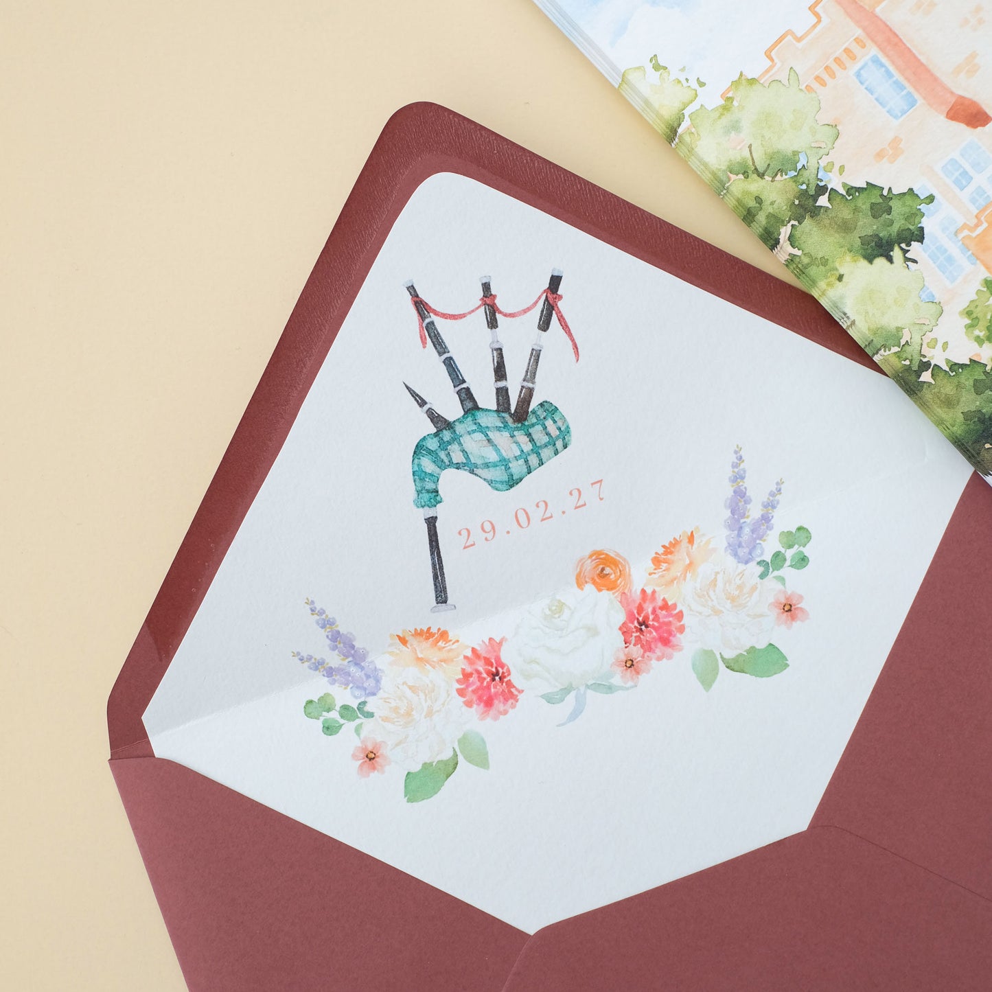 Bagpipe illustrated envelope liner for illutrated castle wedding invitation
