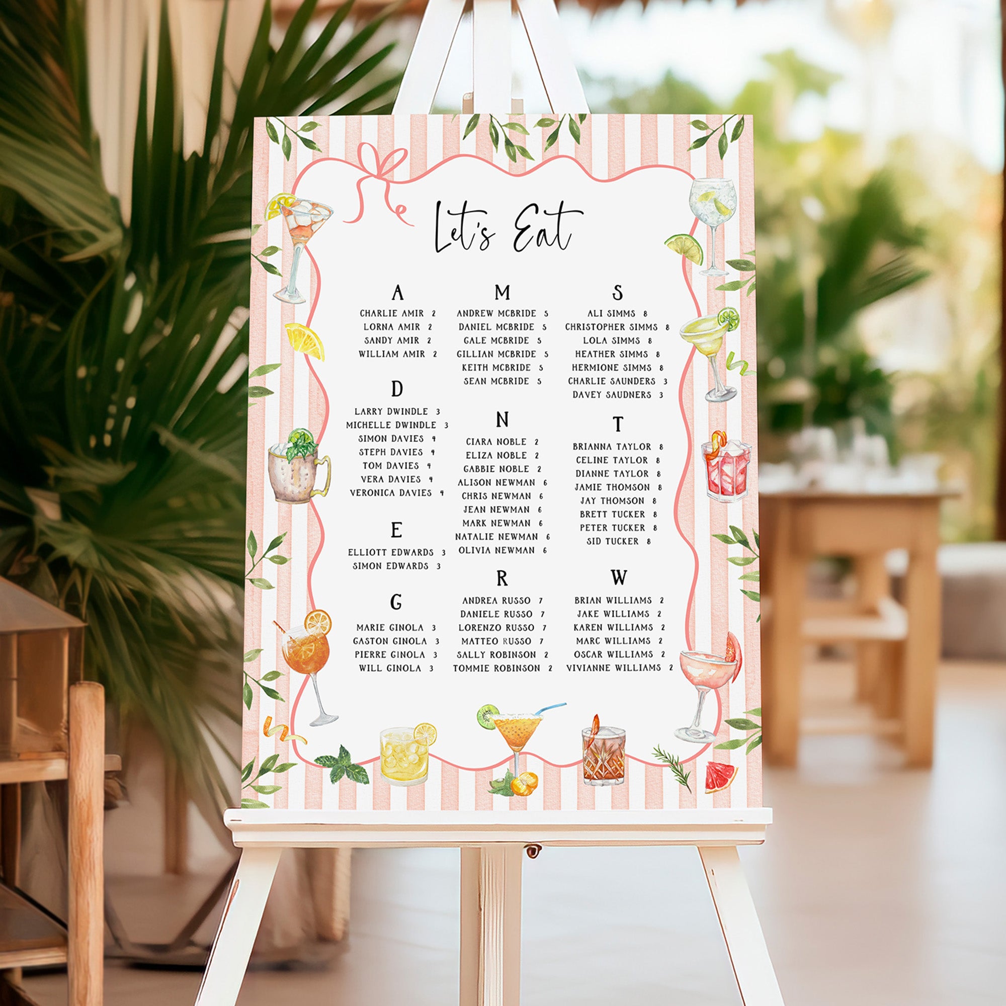 Watercolour Cocktails Table Plan | Cocktails illustrated Seating Plan | Custom Watercolour Cocktail Wedding Table Plan | Cocktail Table orders Plan