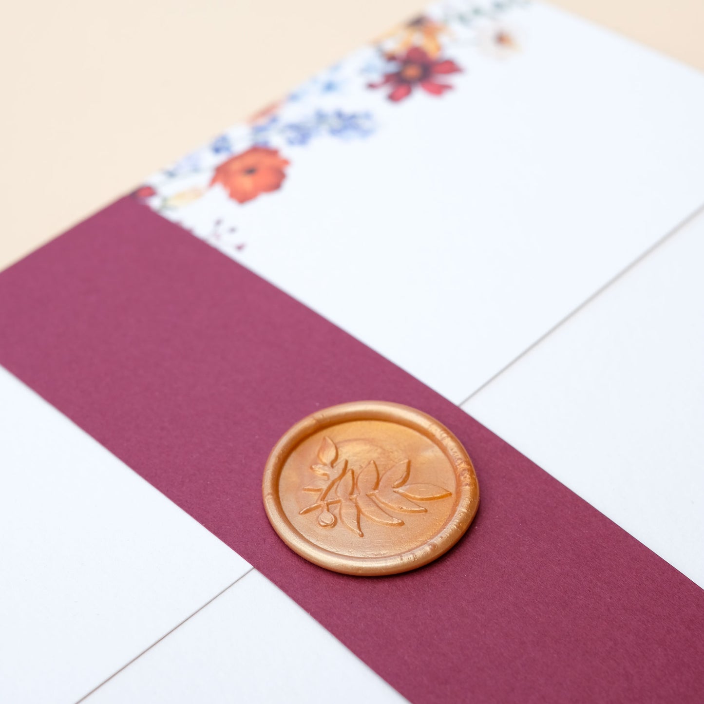 autumn wedding invitation with wildflowers and wax seal