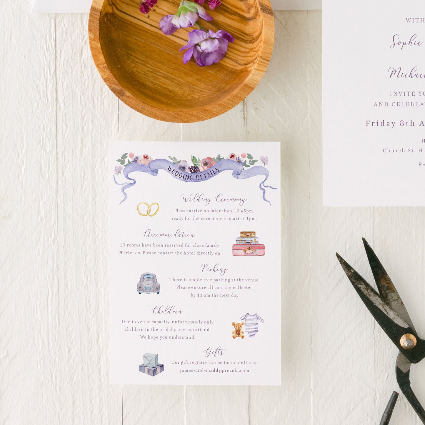lavender wedding invitation set with custom venue illustration and envelope liner