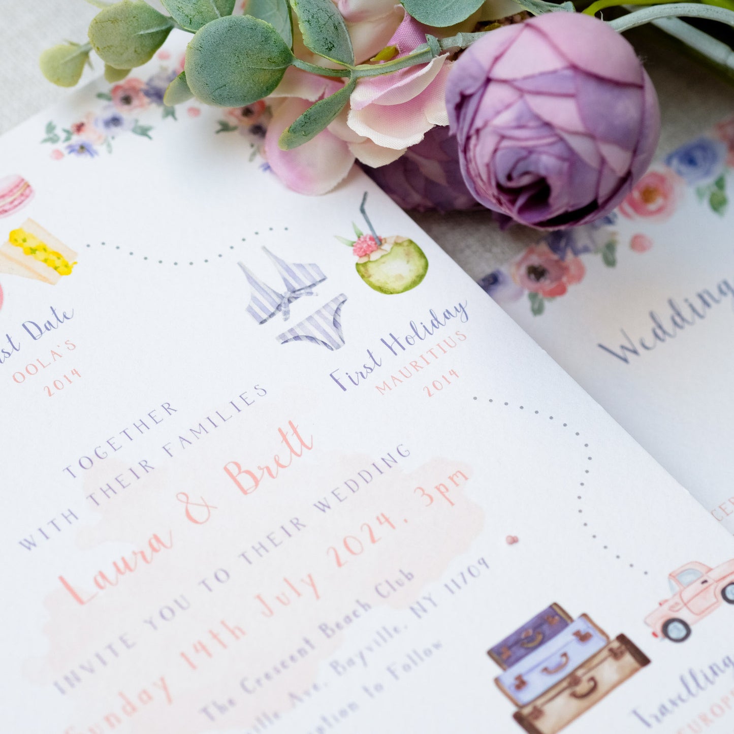 Bespoke wedding invitations with custom hand painted illustrations of important moments in your relationship, with wedding details card