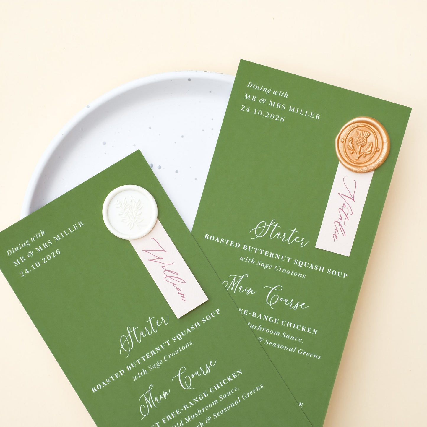 moss green personalised wedding menu with wax seal