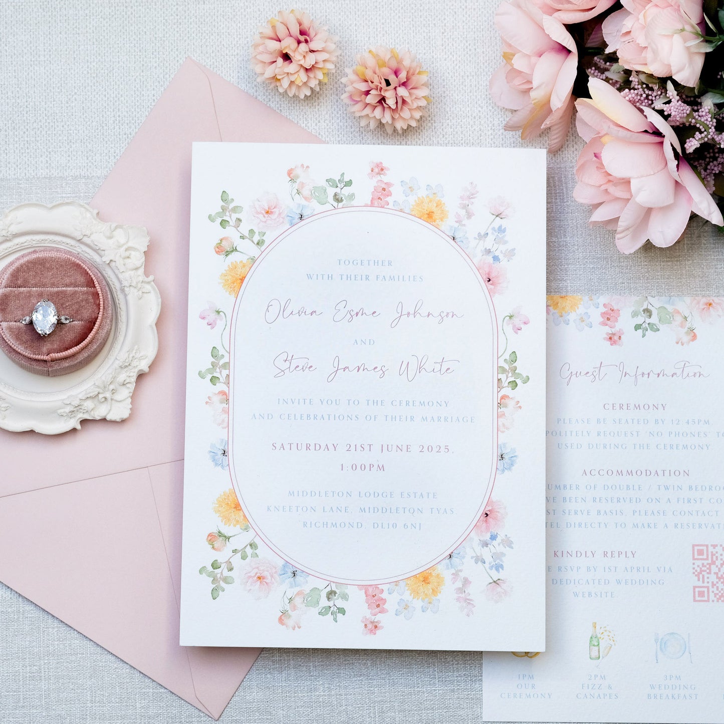 Wedding invitation with illustrated wildflower border, delicate flowers in pastel colours