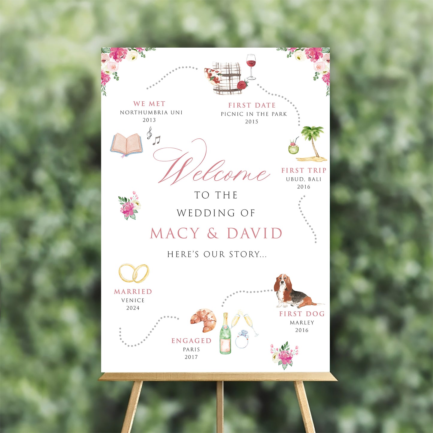 Raspberry Peony Love Story Wedding Welcome Board
