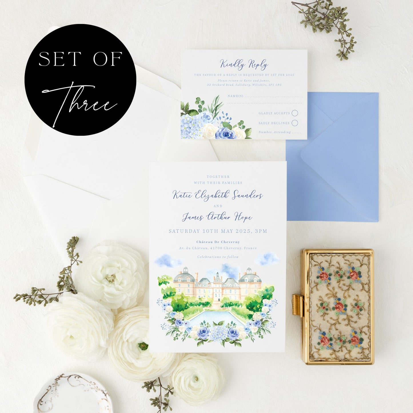 dusty blue hydrangea wedding stationery set with custom venue illustration