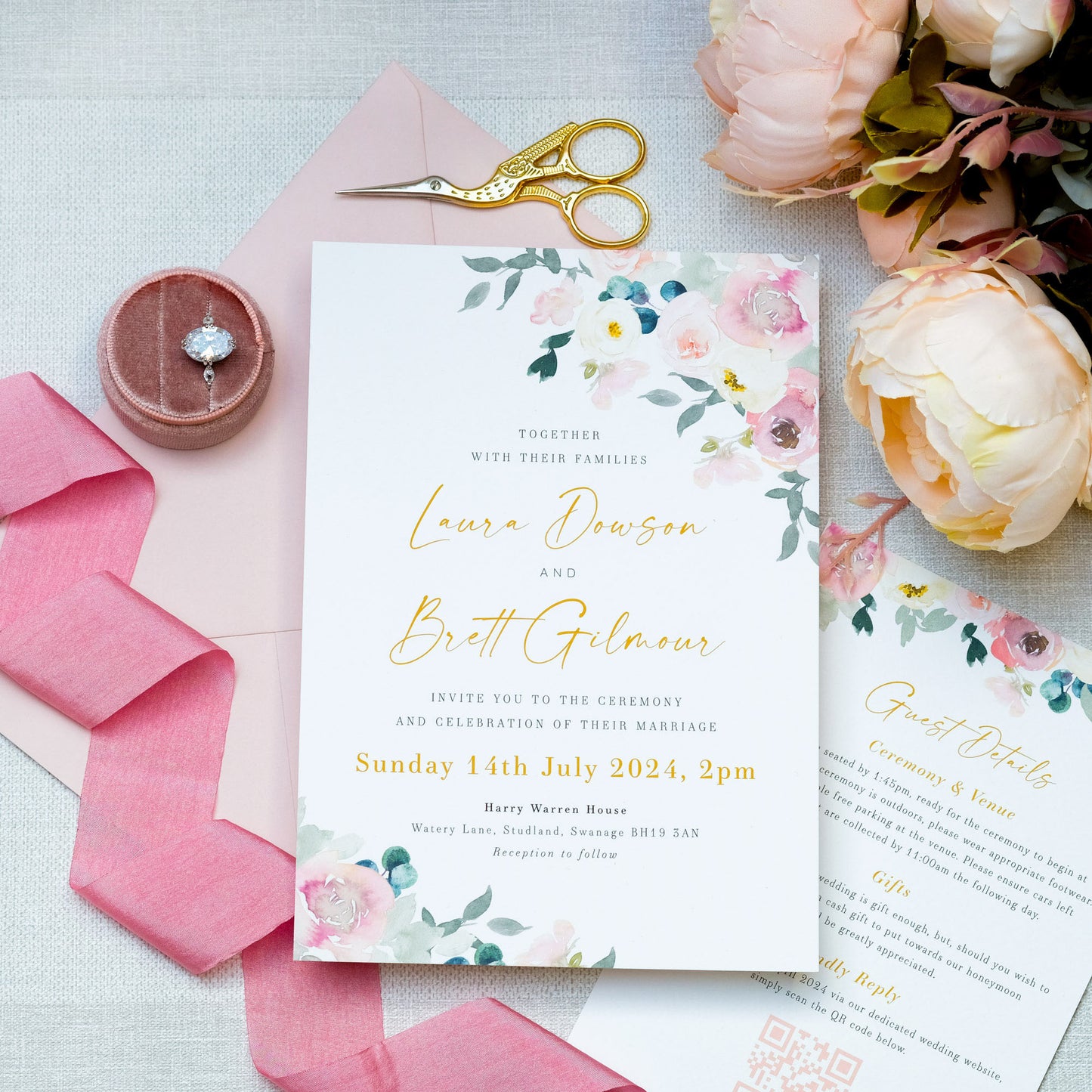 Floral watercolour wedding invitations personalised with guest names