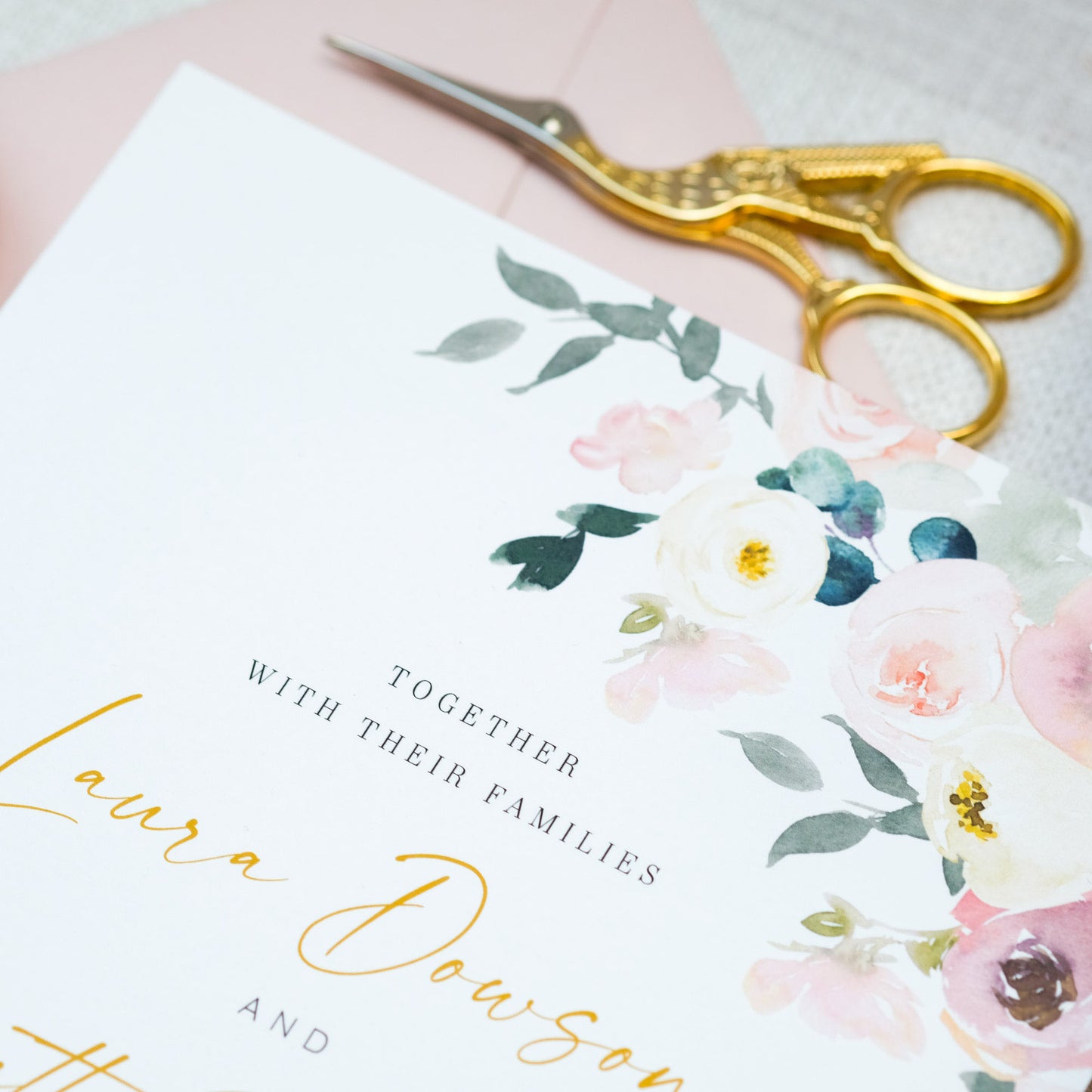 English rose wedding invitations with painterly roses soft pink and sage green