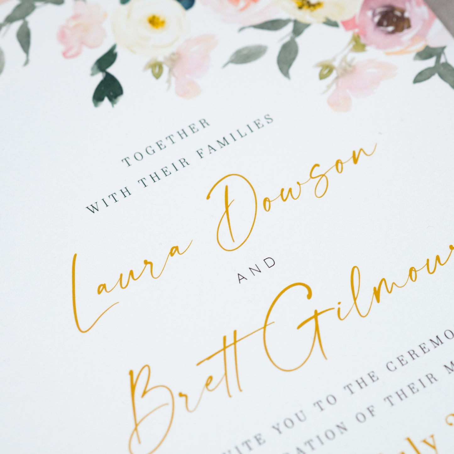 Spring and summer wedding invitations, pink roses personalised with guest names