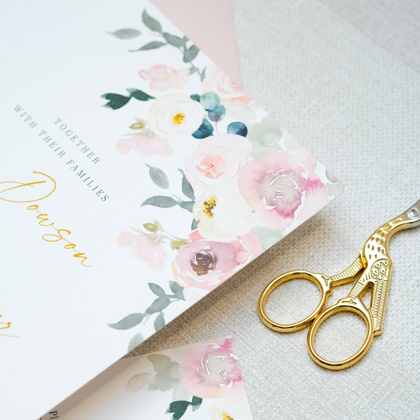 Floral wedding invitations with roses for English country wedding, pink and sage green