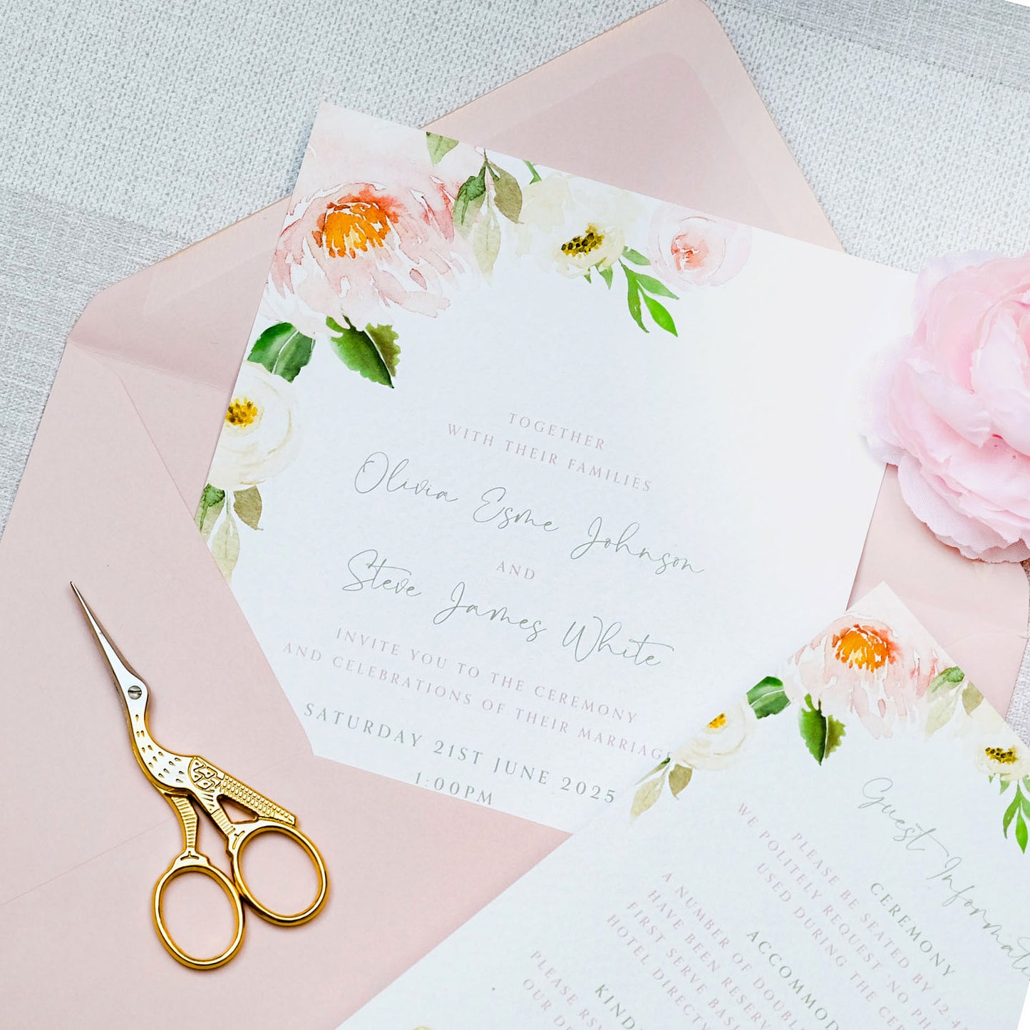pink blush peony themed wedding invitation with pink blush envelope
