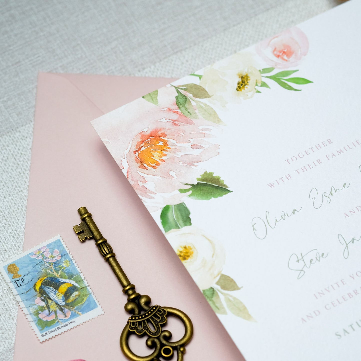 Wedding invitations with watercolour peonies in pink blush